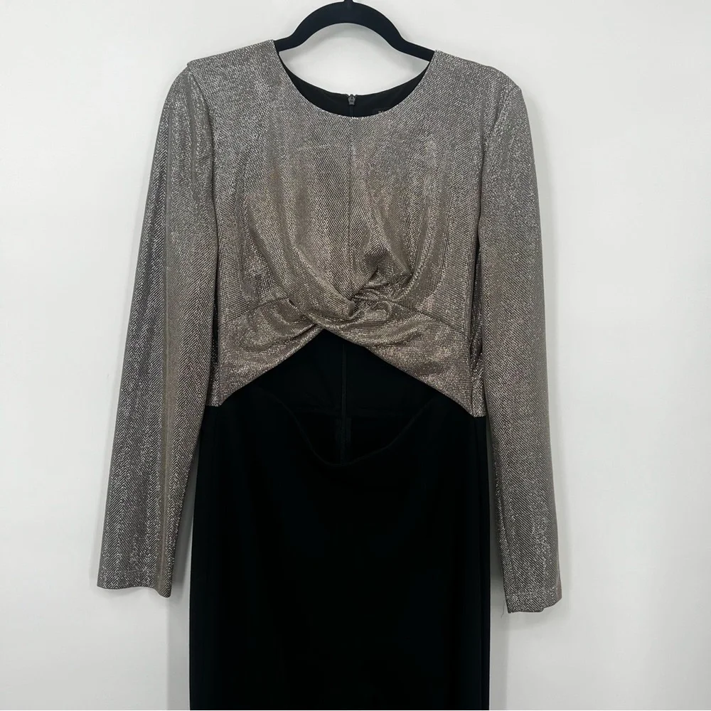 Black Halo Angie Flared Leg Jumpsuit Cutout Metallic Silver Bodice Romper 12 - Picture 7 of 17